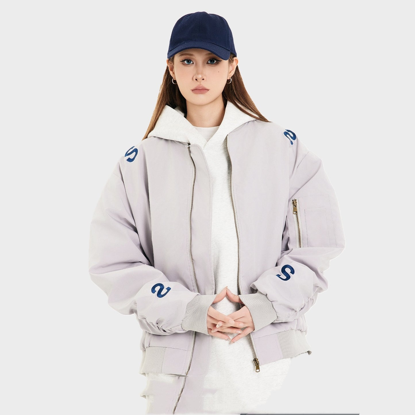 American Street Embroidered Letter Stand Collar Flight Jacket
