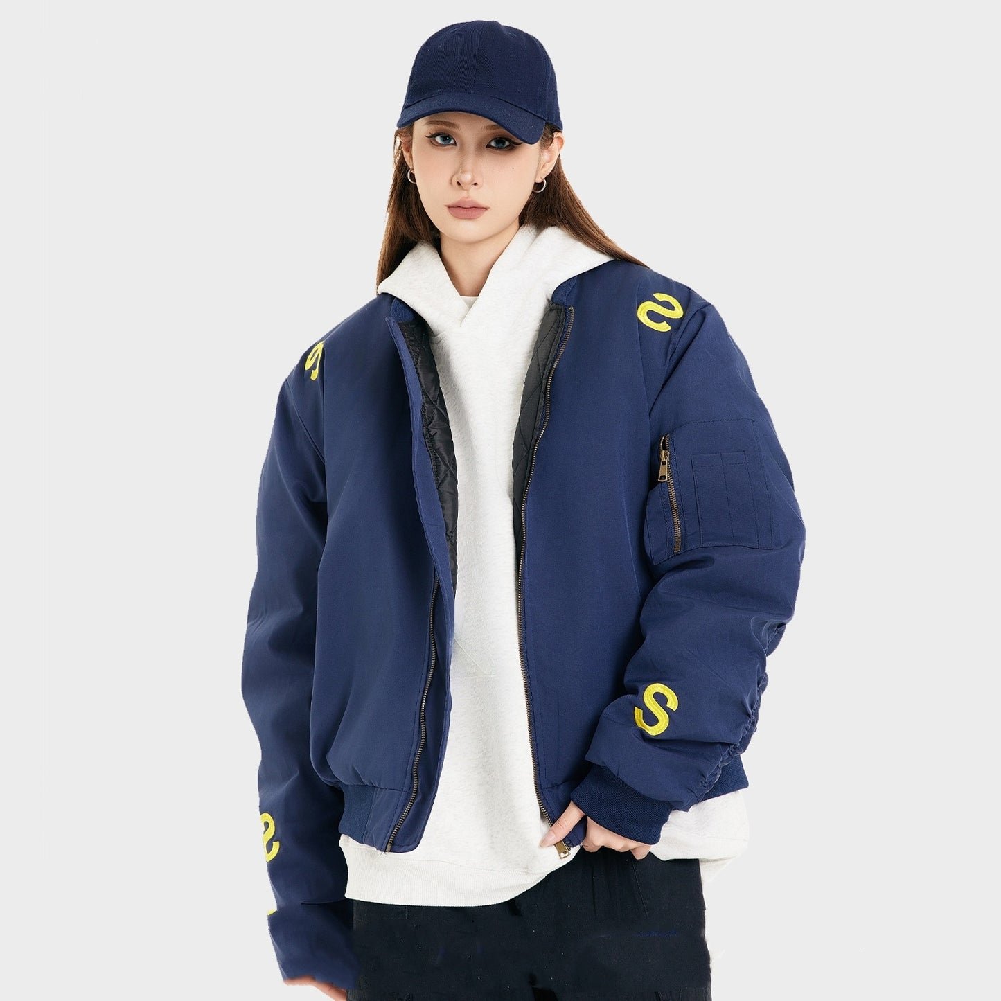 American Street Embroidered Letter Stand Collar Flight Jacket