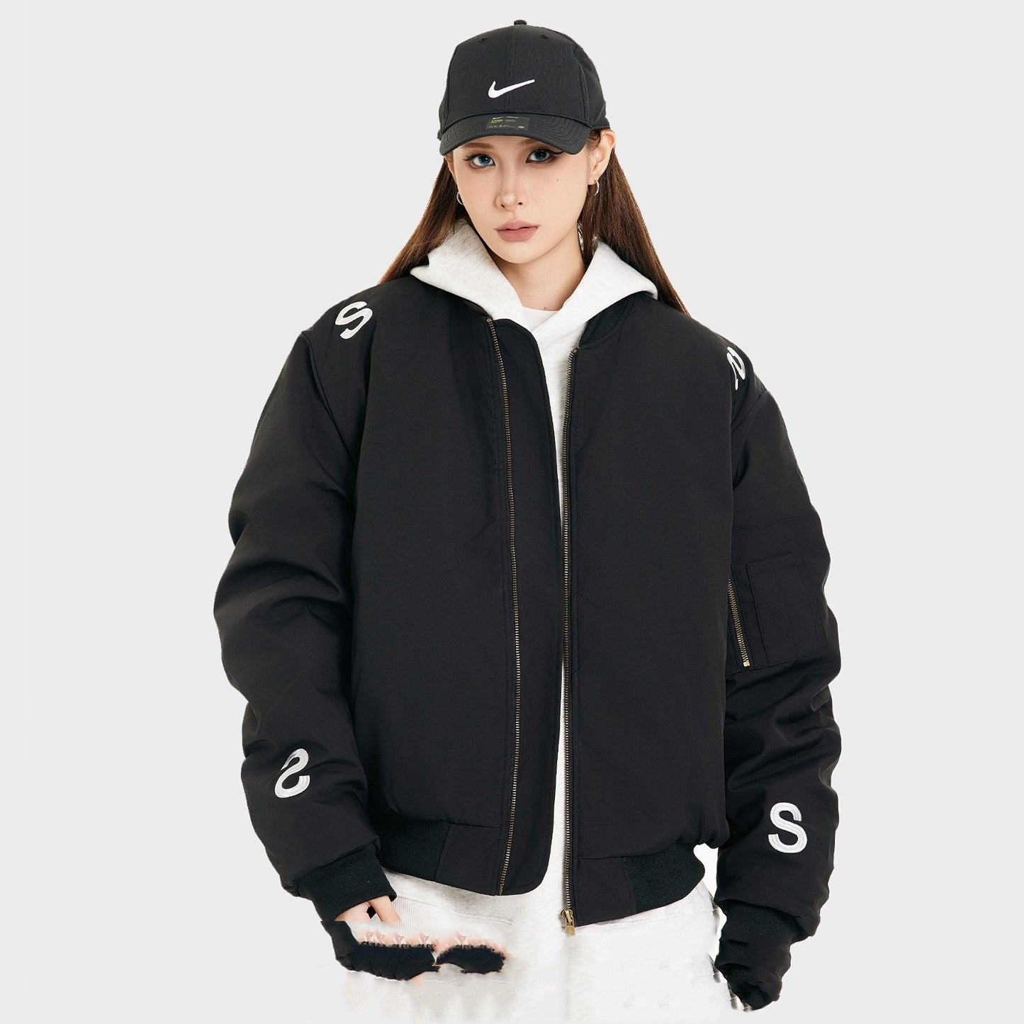 American Street Embroidered Letter Stand Collar Flight Jacket