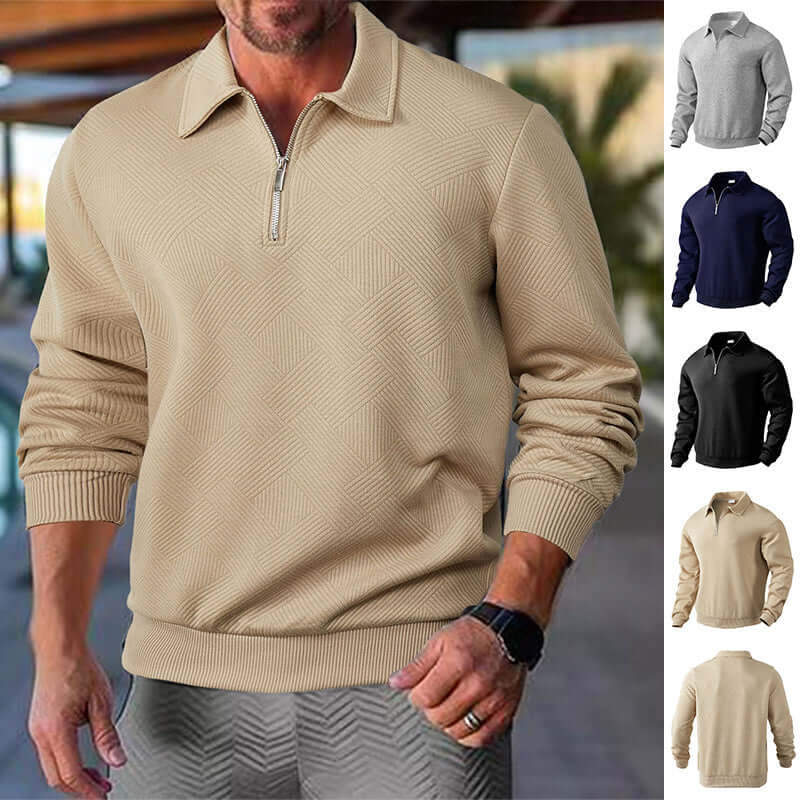 Men's half-zip sweatshirt in beige, showcasing a textured design, ideal for casual layering with modern style.