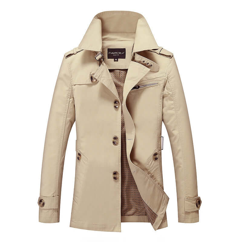 Men's beige washed windbreaker jacket featuring a zip-up front and adjustable collar for a stylish look.