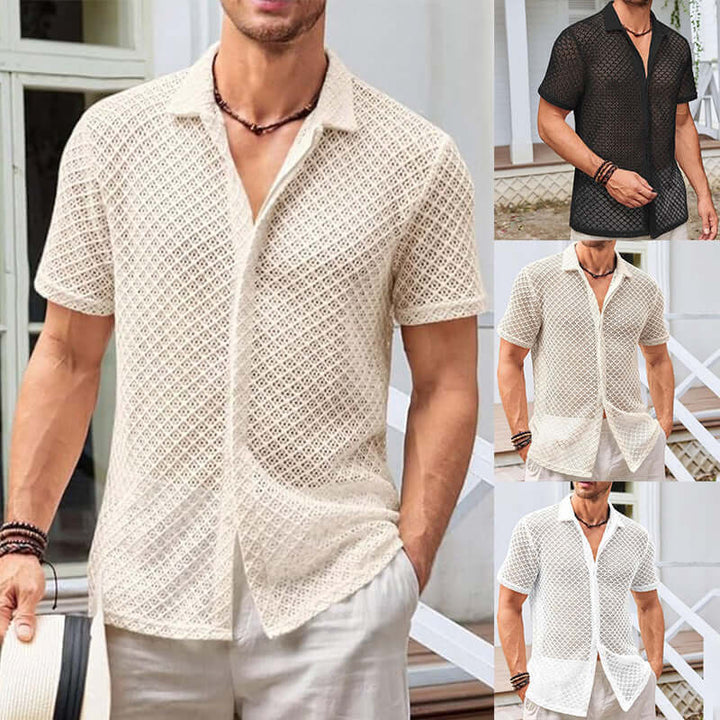 Men's summer mesh shirt in beige and black, featuring breathable fabric for warm-weather style and comfort.
