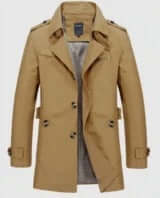 Men's tan trench coat with a stylish design and button closure, perfect for all occasions and weather.