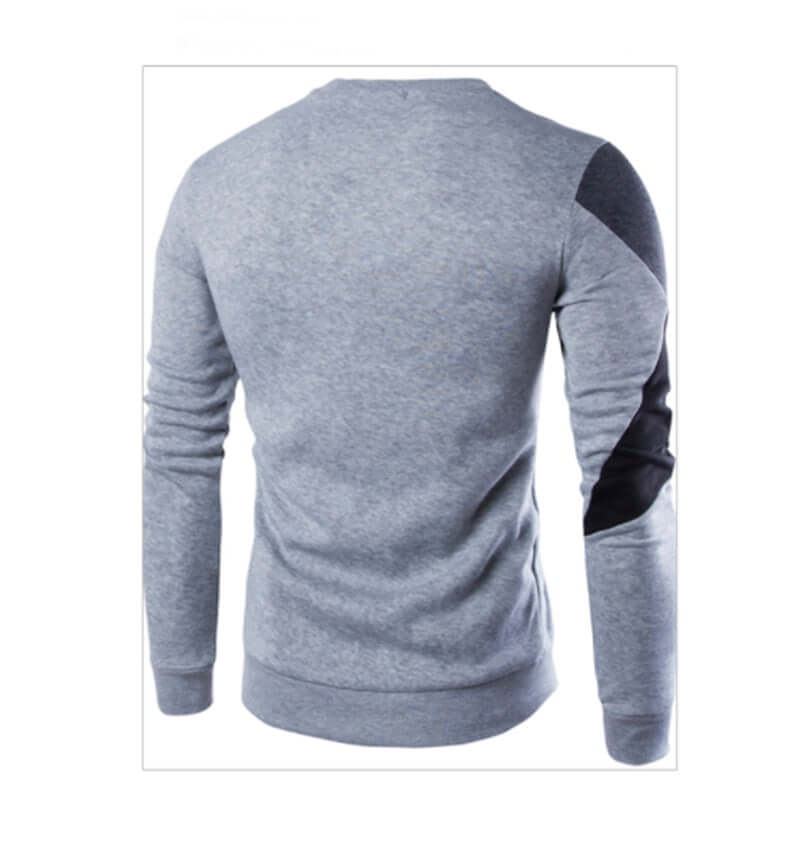 Back view of a casual cotton knitted sweater for men, showcasing a stylish gray design with dark accents.
