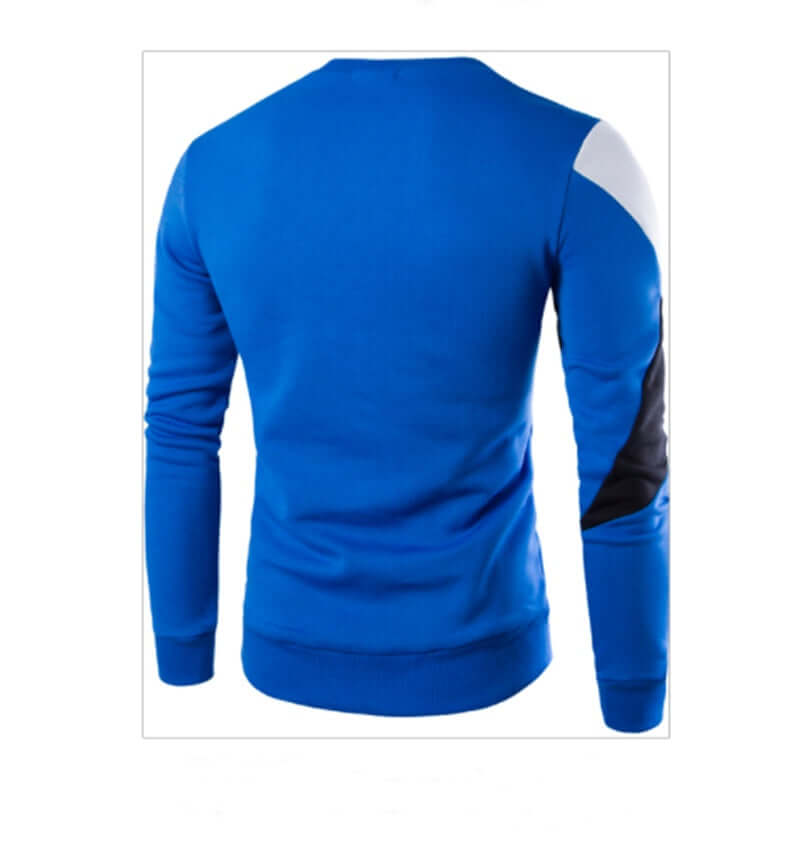 Back view of a blue casual cotton knitted sweater for men with contrasting shoulder panels.