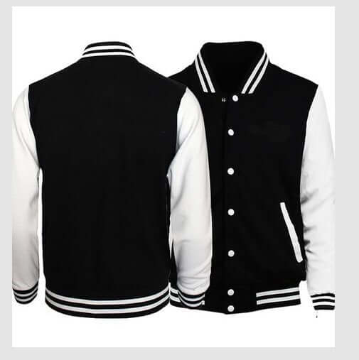 Men's black and white baseball jacket featuring a classic varsity style with snap-button front and ribbed cuffs.