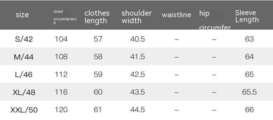 Size chart for women's quilted casual jacket showing measurements for S to XXL sizes.
