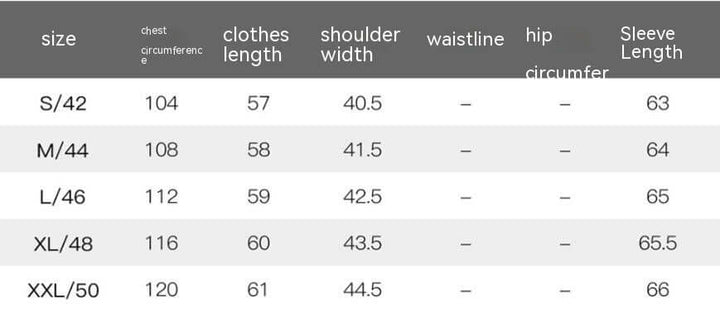 Size chart for women's quilted casual jacket showing measurements for S to XXL sizes.