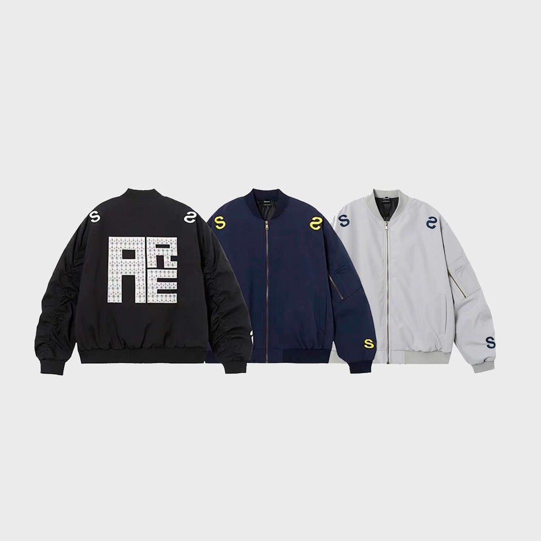 American Street Embroidered Letter Stand Collar Flight Jacket