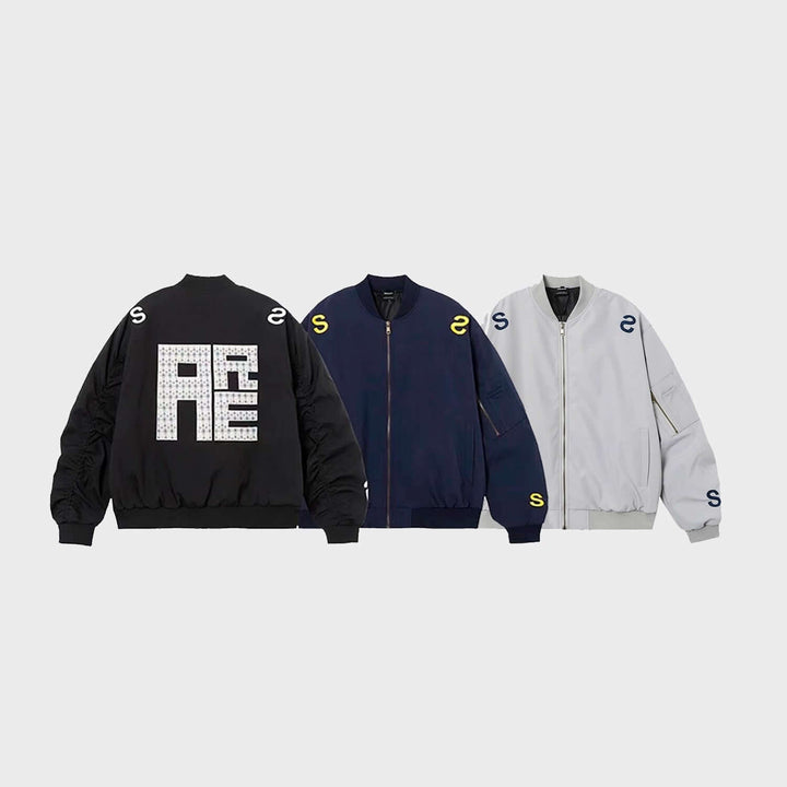 American Street Embroidered Letter Stand Collar Flight Jacket