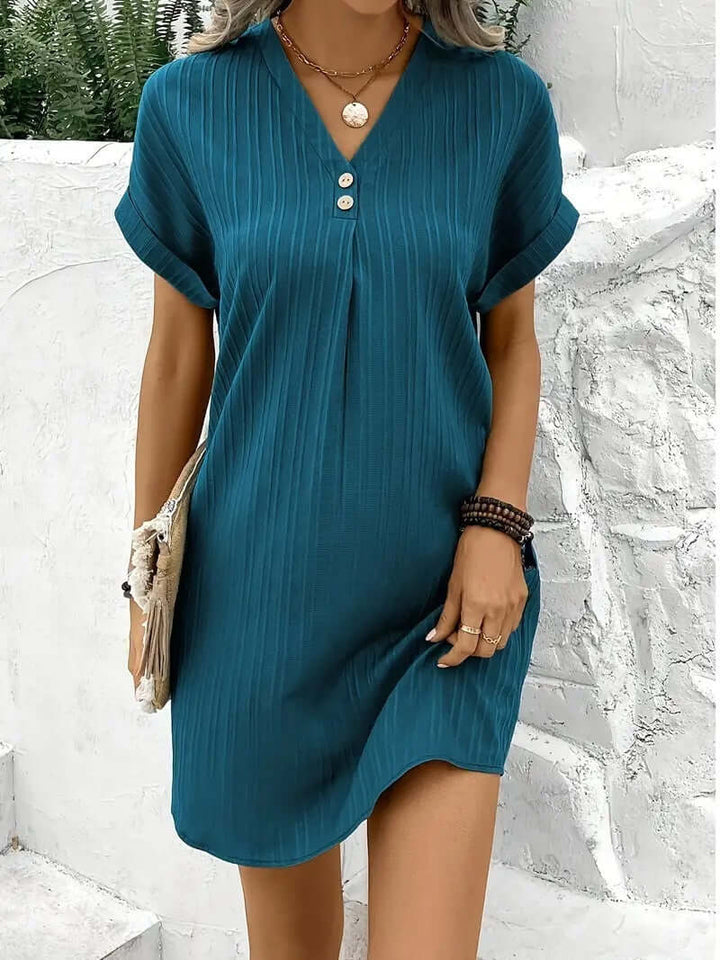 Fashion V-neck Short-sleeved Dress Casual Solid Strip Button Dresses Womens Clothing