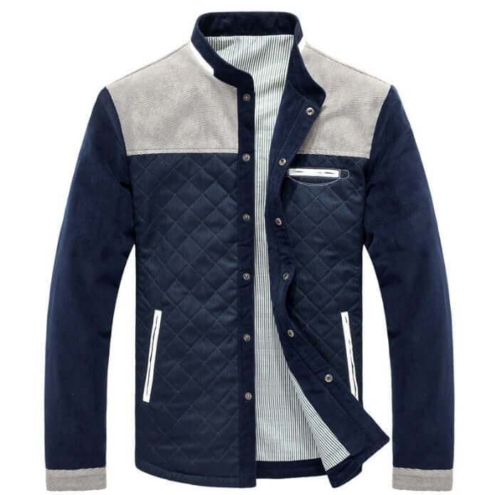 Men's navy quilted jacket with grey shoulder panels and button-up front, perfect for stylish autumn layering.