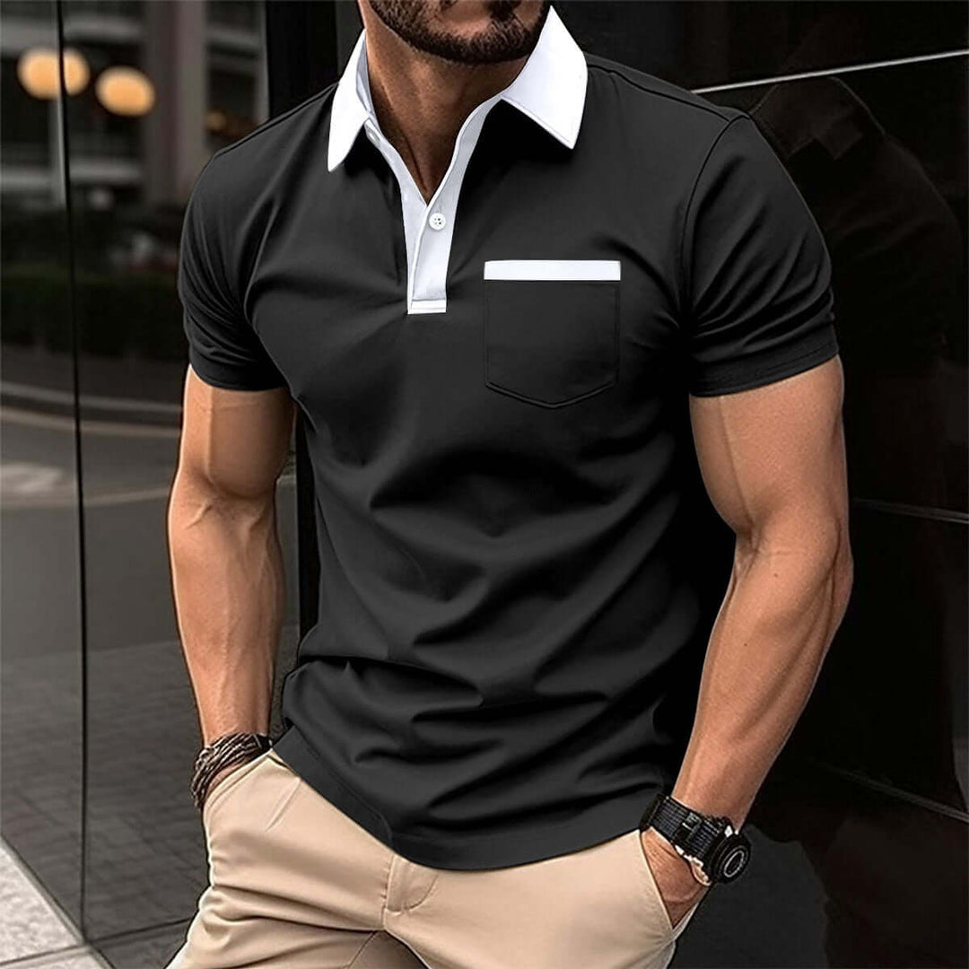 Men's short-sleeved black polo shirt with white collar and pocket, perfect for casual and semi-formal occasions.