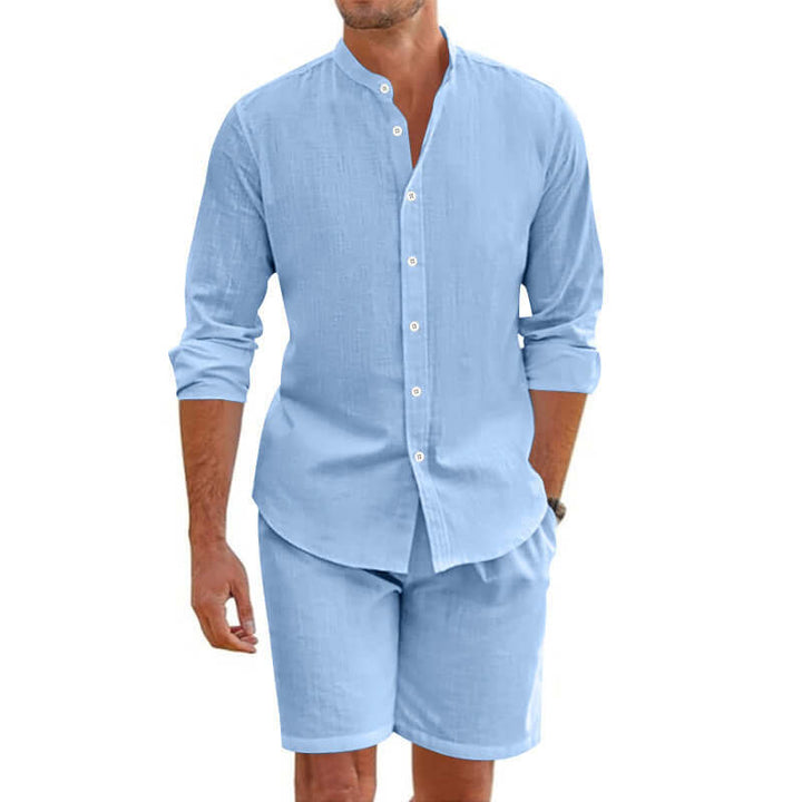 Men's summer shirt and shorts set in light blue, perfect for warm days and casual occasions.
