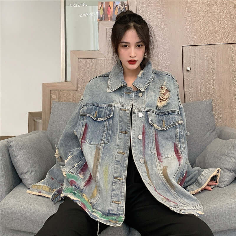 Street hip hop ripped long sleeve jacket with distressed details, frayed hems, and relaxed fit, styled for urban fashion.