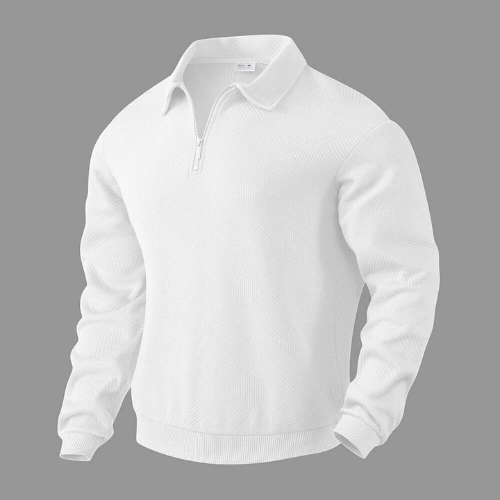 White men's half-zip sweatshirt with a sleek design and soft-touch fabric, perfect for casual and athletic wear.