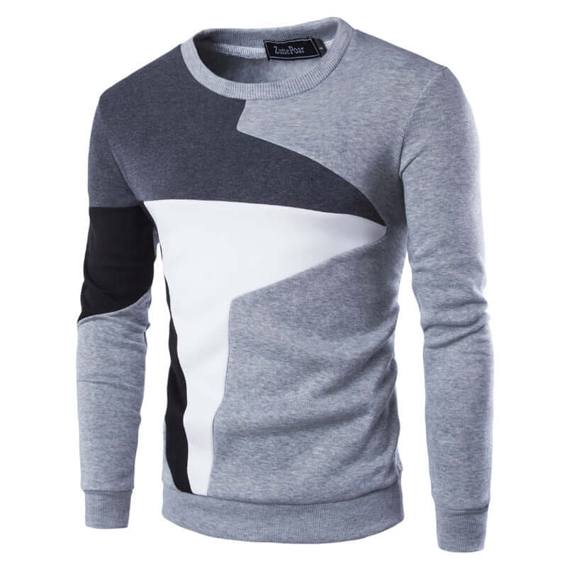 Men's casual cotton knitted sweater featuring a trendy color block design in gray, black, and white.