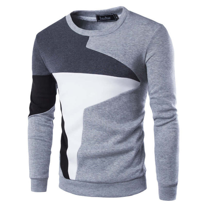 Men's casual cotton knitted sweater featuring a trendy color block design in gray, black, and white.