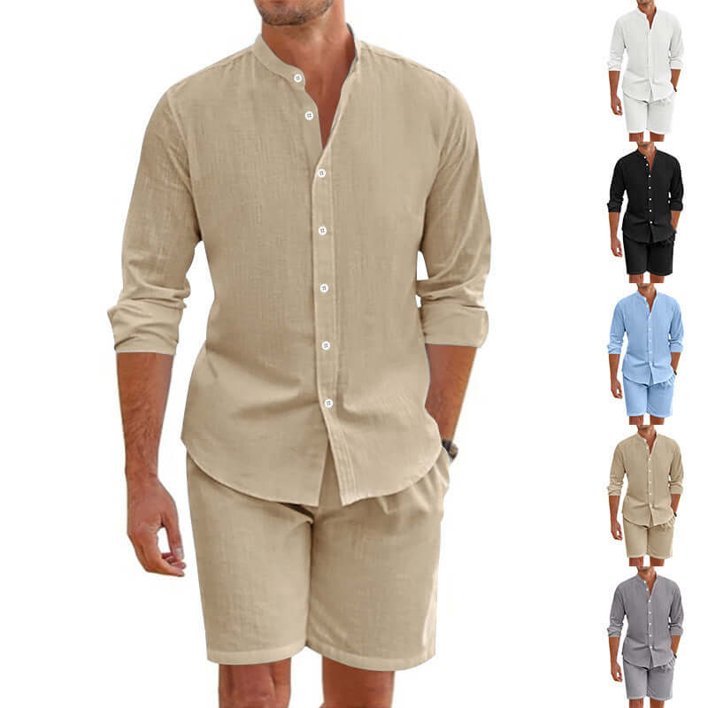 Men's summer shirt and shorts set in beige, showcasing lightweight fabric, perfect for warm weather and casual outings.