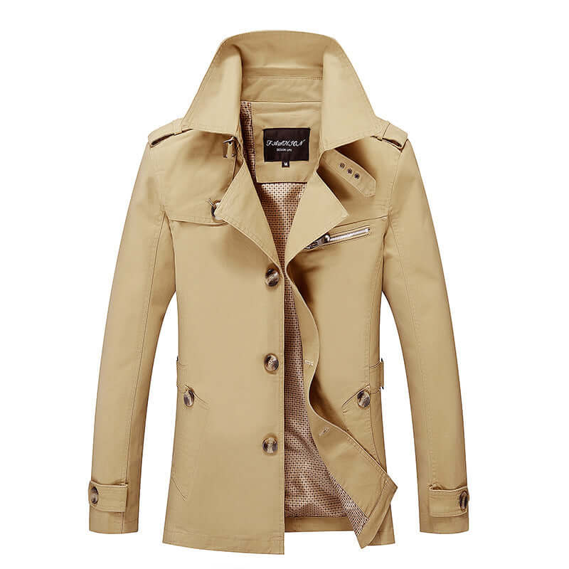 Men's beige windbreaker jacket with a zip front and stylish button details, perfect for unpredictable weather.