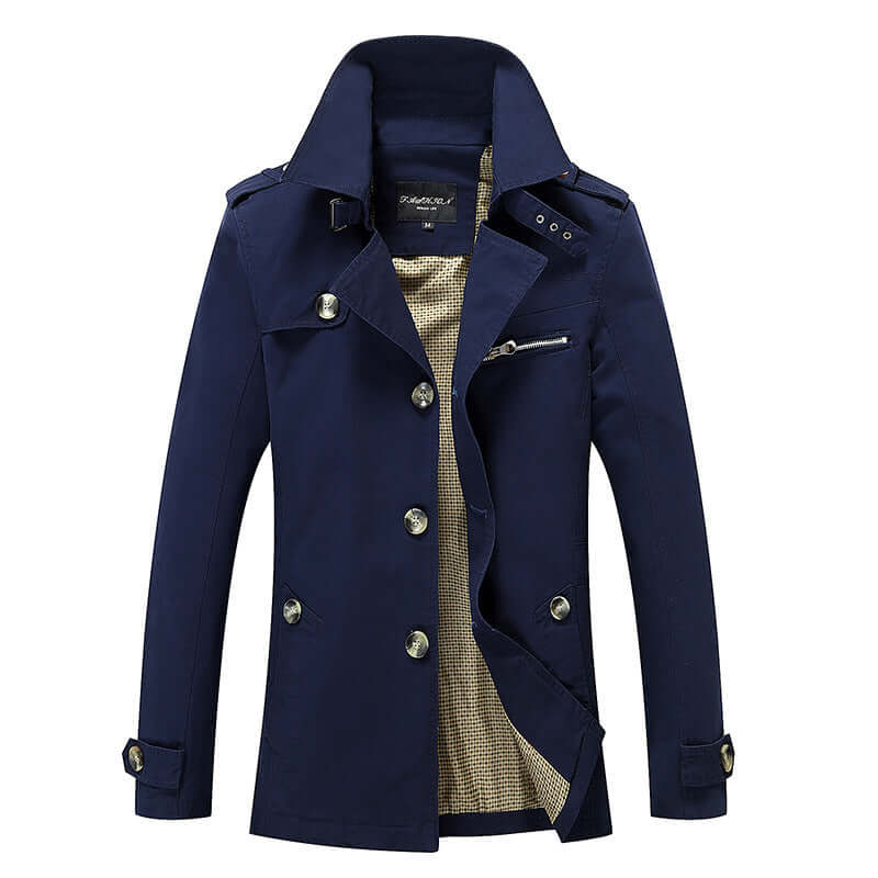 Men's navy washed windbreaker jacket with zip-up front and adjustable cuffs for style and weather protection.