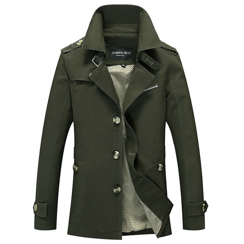 Men's washed windbreaker jacket in olive green, featuring zip-up front and adjustable hood for weather protection.