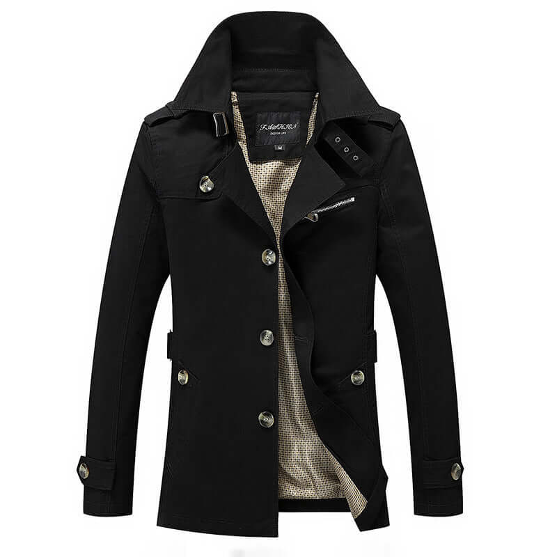 Men's black windbreaker jacket with a zip-up front and stylish buttons, perfect for casual wear and unpredictable weather.