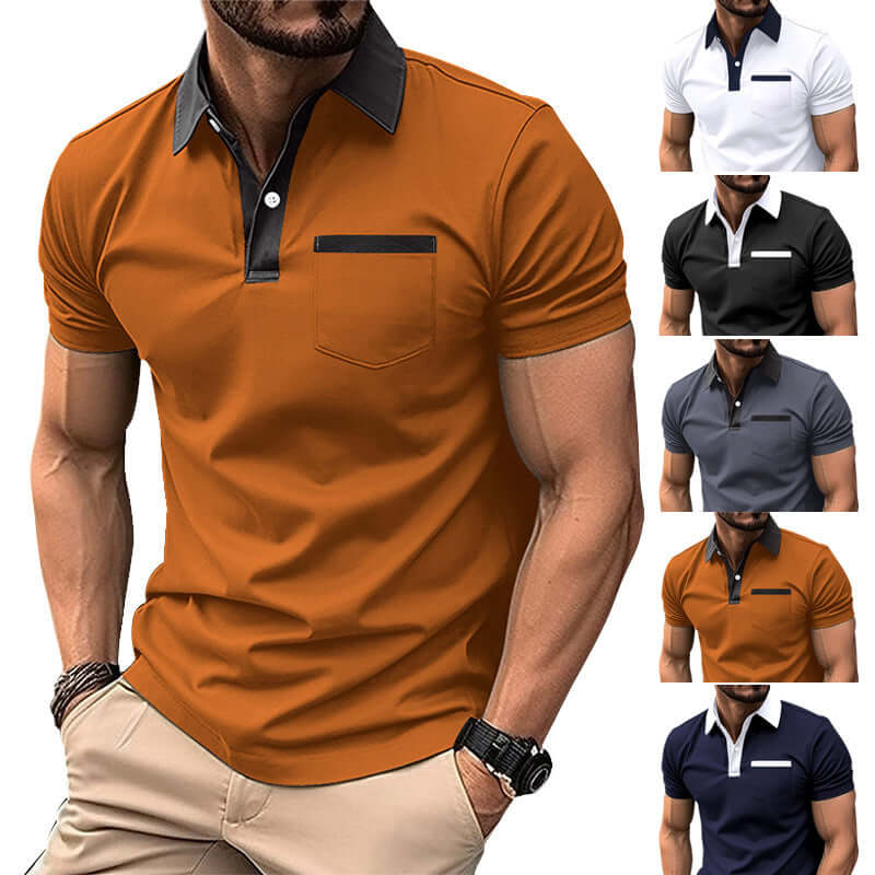 Men's short-sleeved polo shirt in orange with collar detail, available in black, white, gray, navy options.
