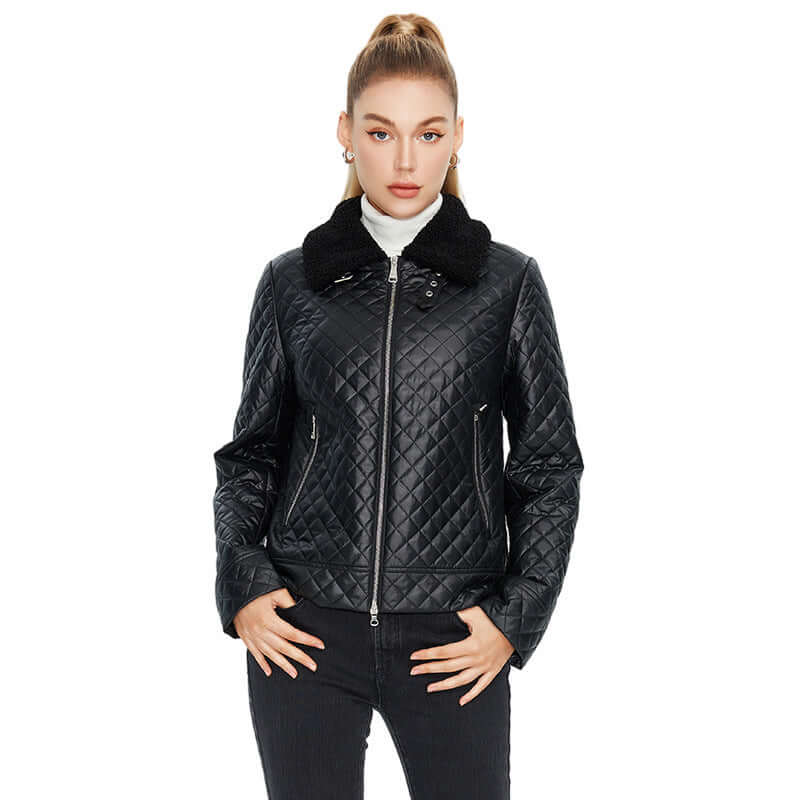 Women's quilted casual jacket in black, featuring a stylish collar and zip front, perfect for warmth and everyday wear.