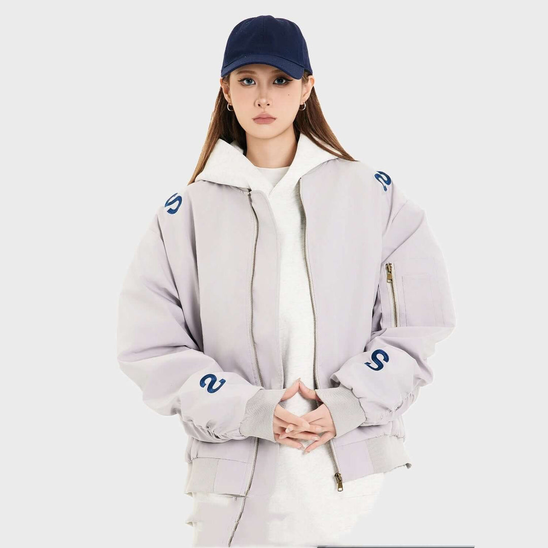 American Street Embroidered Letter Stand Collar Flight Jacket