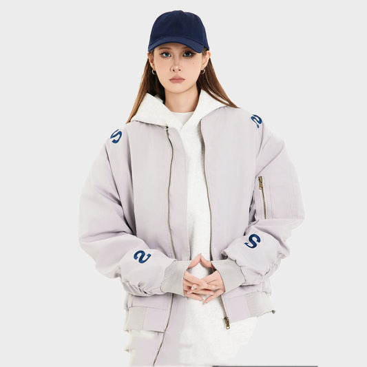American Street Embroidered Letter Stand Collar Flight Jacket