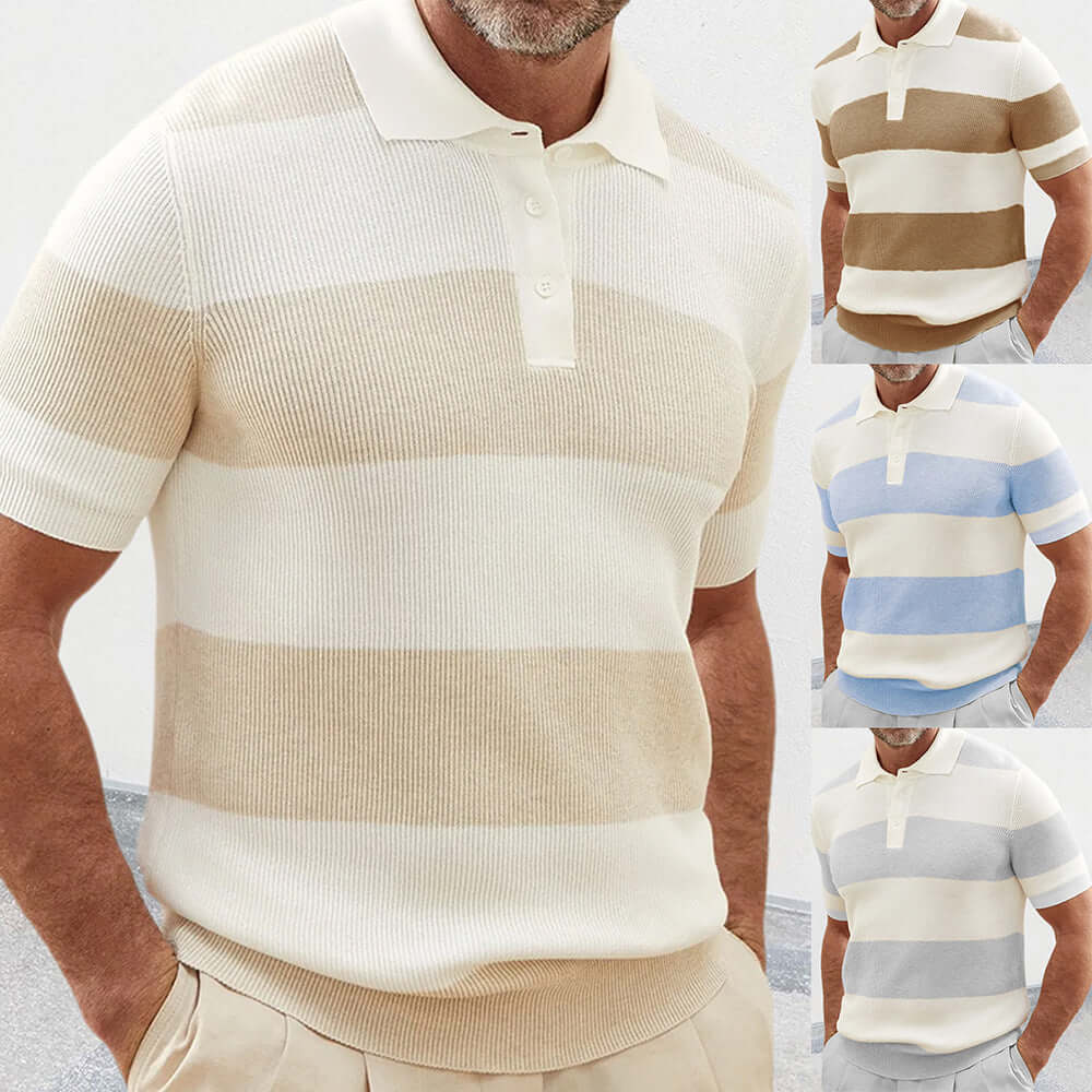 Men's summer lapel sweater featuring striped patterns in natural colors, perfect for warm-weather style.