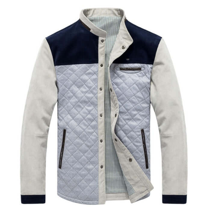Men's quilted jacket featuring a mix of blue and grey colors, snap button closure, and side pockets for a stylish autumn look.