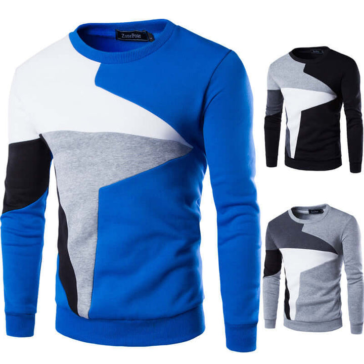 Casual cotton knitted sweaters for men featuring bold geometric patterns in blue, gray, and black. Perfect for cool weather.