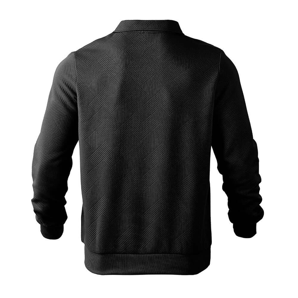 Men's half-zip sweatshirt in solid black, featuring a stylish textured pattern and modern design, perfect for casual wear.