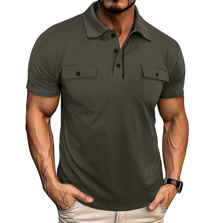 Men's summer polo shirt in dark green with chest pockets, stylish and comfortable for warm-weather wear.
