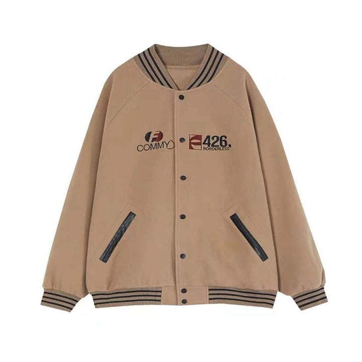 Women's autumn commuter jacket in beige with logo and striped collar, perfect for stylish everyday wear.