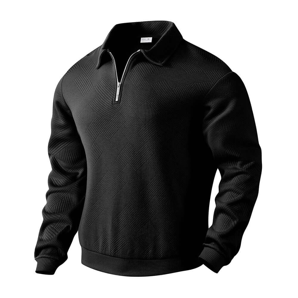 Men's half-zip black sweatshirt with modern design and soft fabric, perfect for layering and everyday wear.