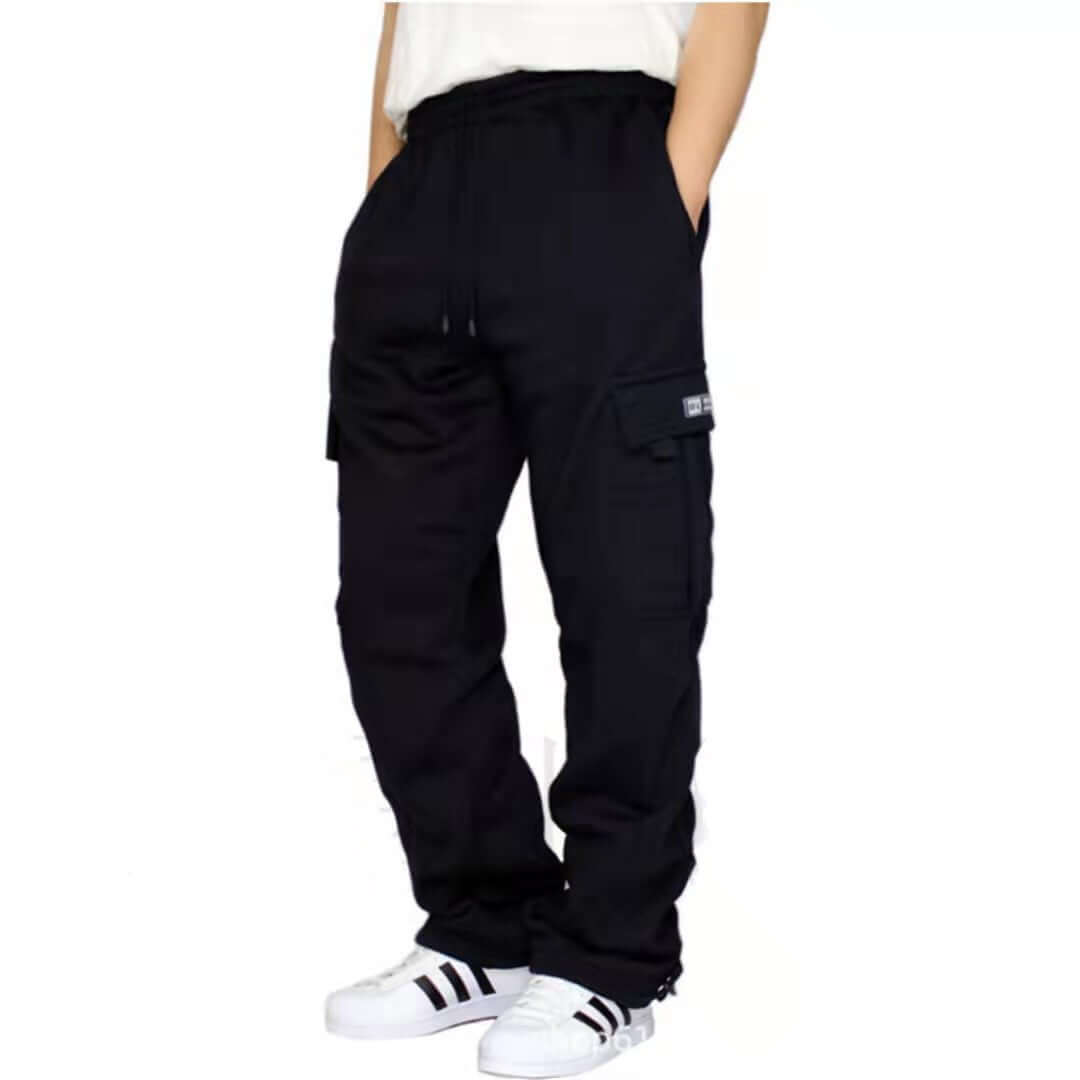 Men's black jogger sweatpants with drawstring and pockets, featuring a comfortable fit and stylish design.