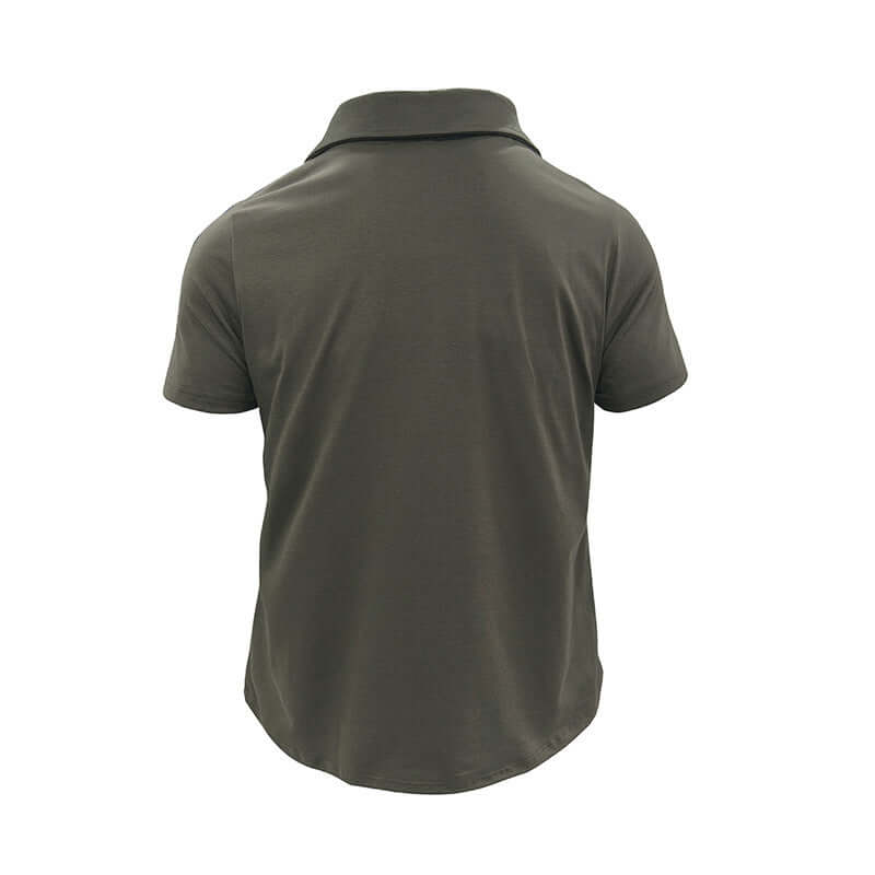Back view of a men's summer polo shirt in dark color with a classic collar and short sleeves.
