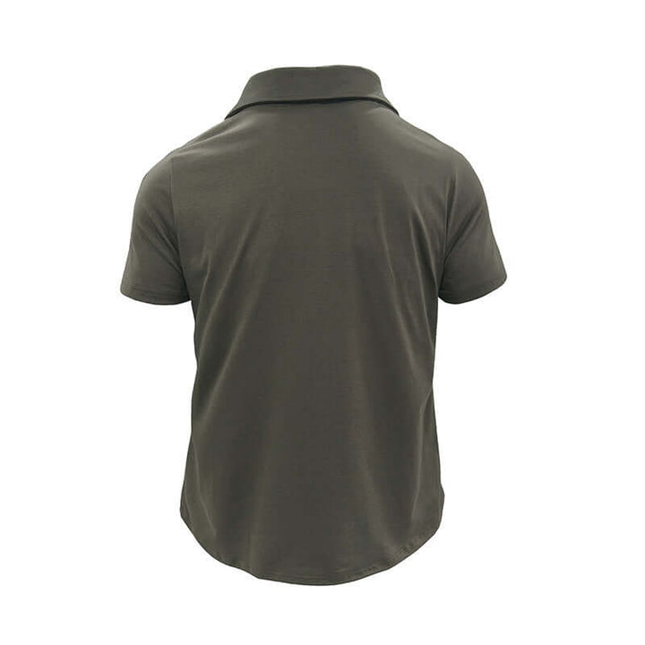 Back view of a men's summer polo shirt in dark color with a classic collar and short sleeves.