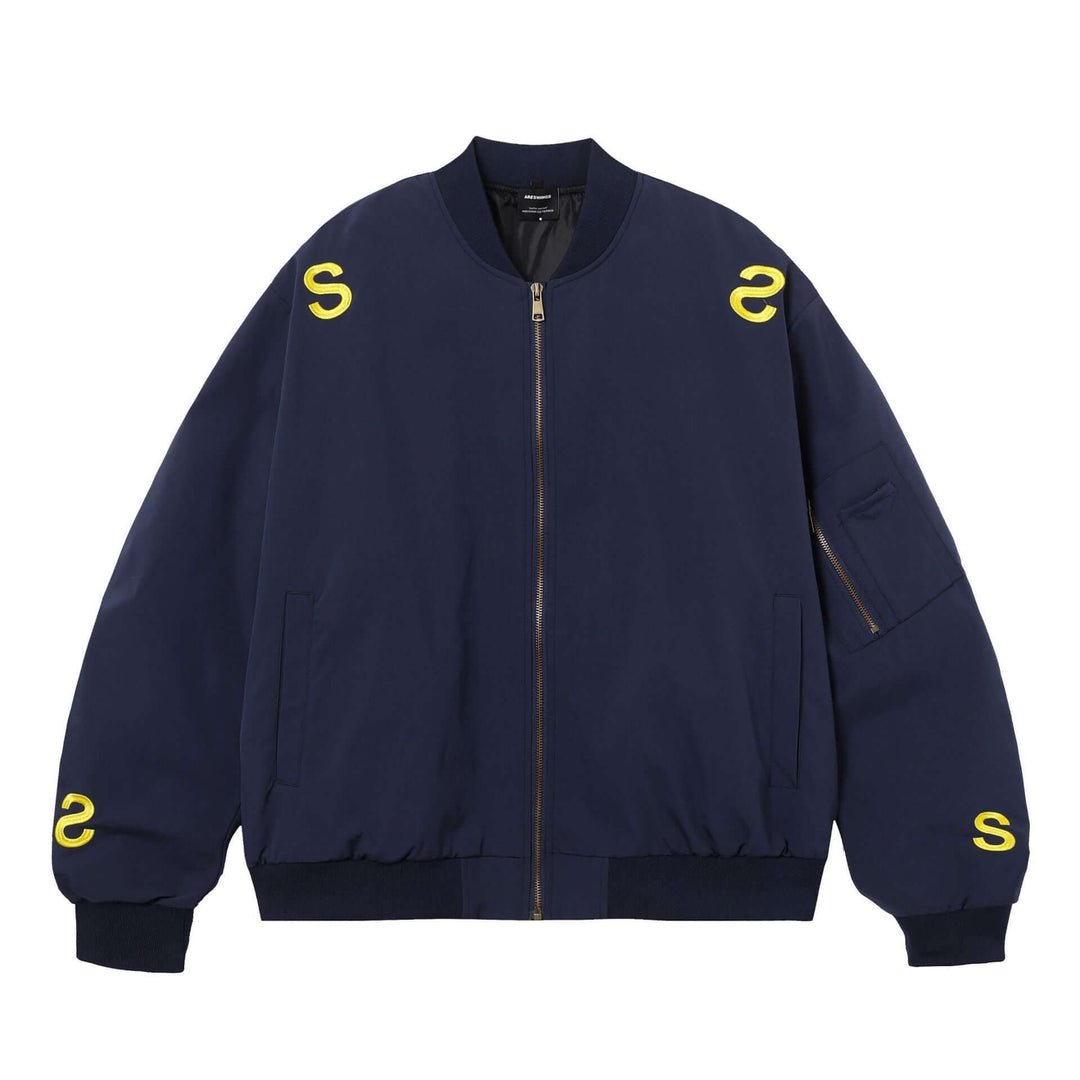 American Street Embroidered Letter Stand Collar Flight Jacket