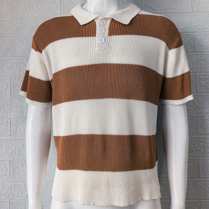 Men's summer lapel sweater featuring horizontal brown and white stripes, with a polo collar and button detail.