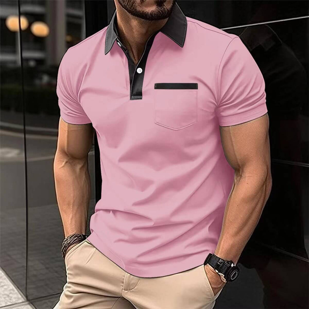 Stylish men's short-sleeved polo shirt in pink with classic collar and black accents, perfect for casual wear.
