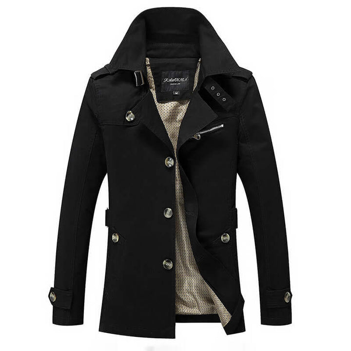 Men's black windbreaker jacket featuring a zip-up front and stylish lapel design.