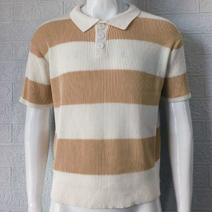 Men's striped polo shirt in beige and white, featuring short sleeves and a button-up collar, perfect for casual summer outings.