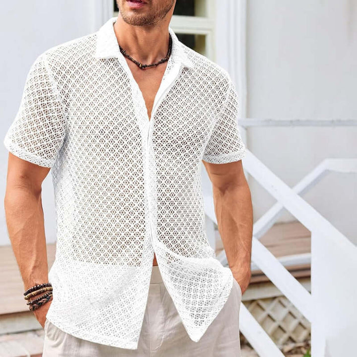 Men's summer mesh shirt in white, perfect for warm weather and casual beach outings.
