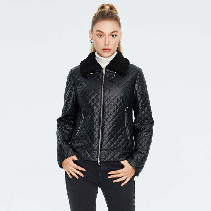 Women's quilted casual jacket with black faux fur collar, perfect for stylish warmth in chilly weather.