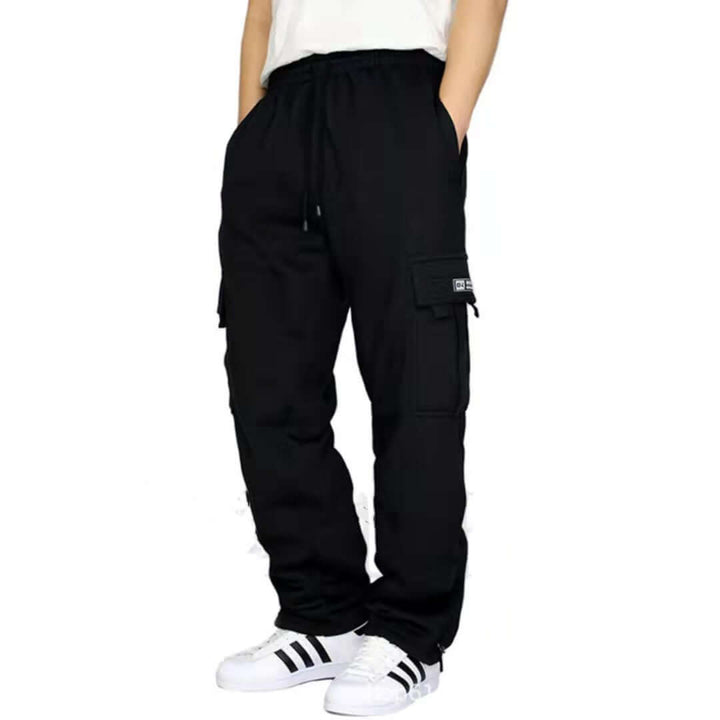 Men's black jogger sweatpants with drawstring, featuring tapered leg design and ribbed cuffs for a stylish fit.