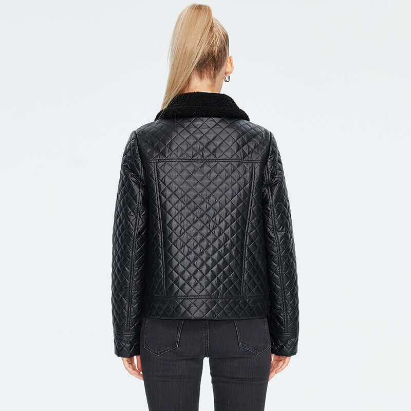 Back view of a women's quilted casual jacket with a fur collar in black, showcasing stylish design for everyday wear.